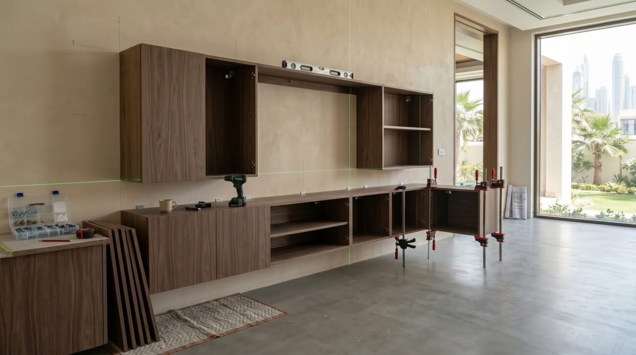 Alt: Measuring TV wall in UAE apartment for correct TV cabinet size