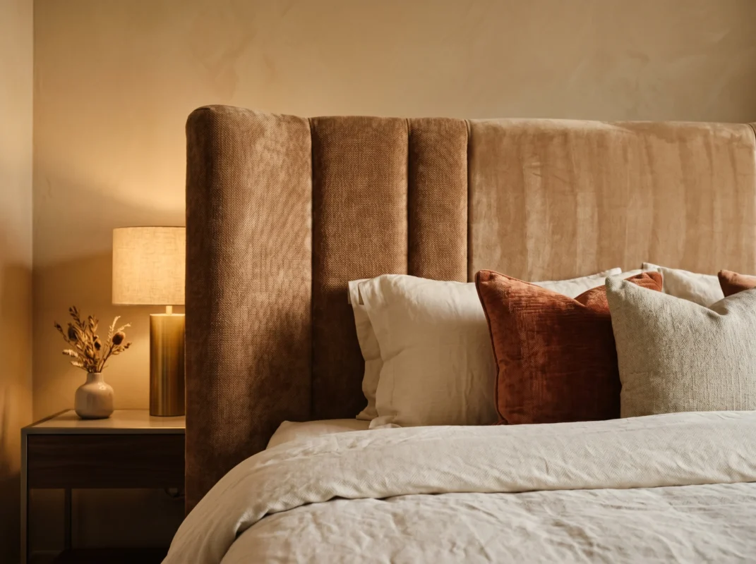 Performance velvet upholstered headboard in Dubai master bedroom showing fabric texture and warm lighting