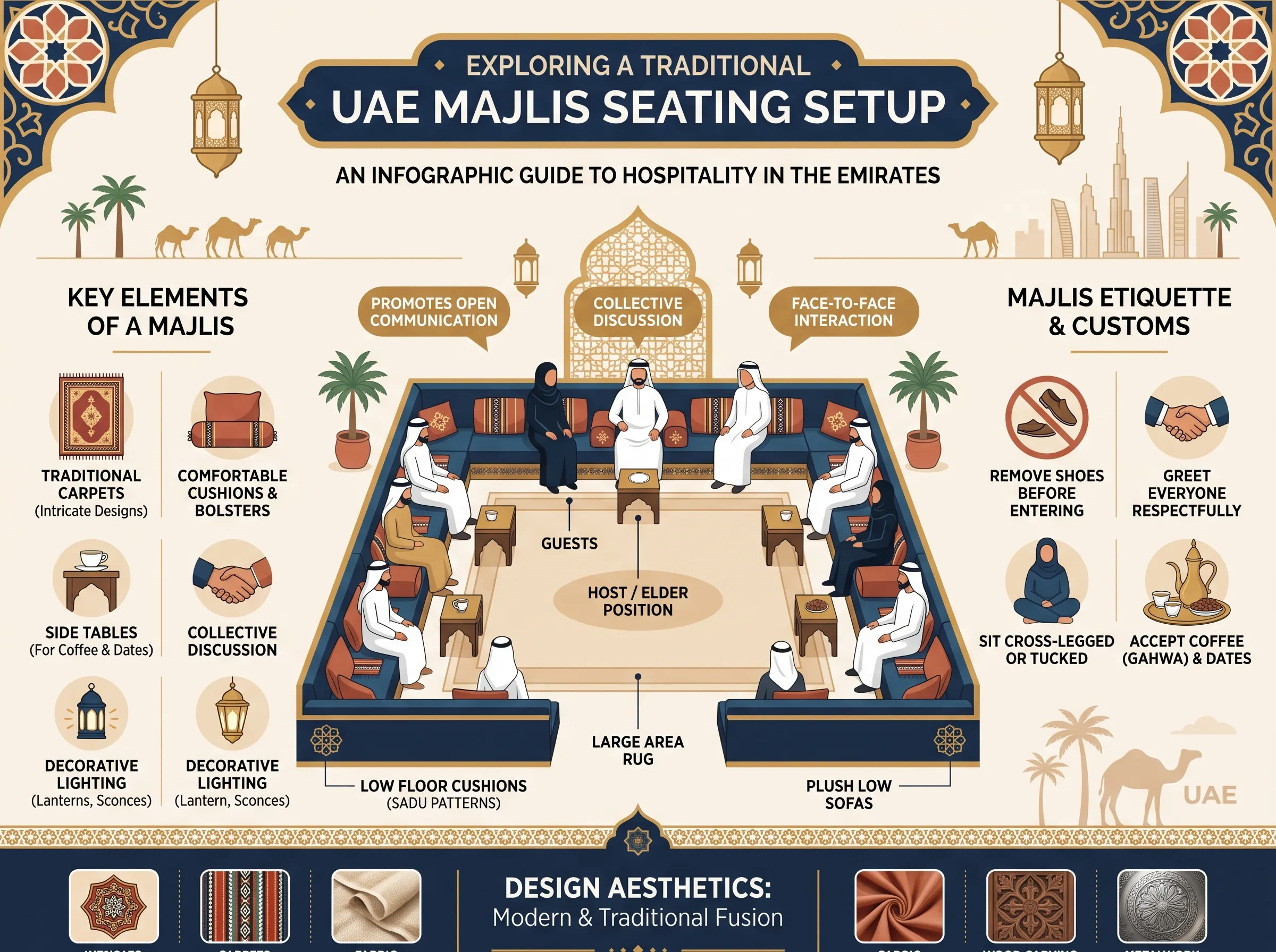 Infographic guide on how to arrange traditional Majlis furniture in the UAE, featuring layout tips, dimensions, and styling ideas.