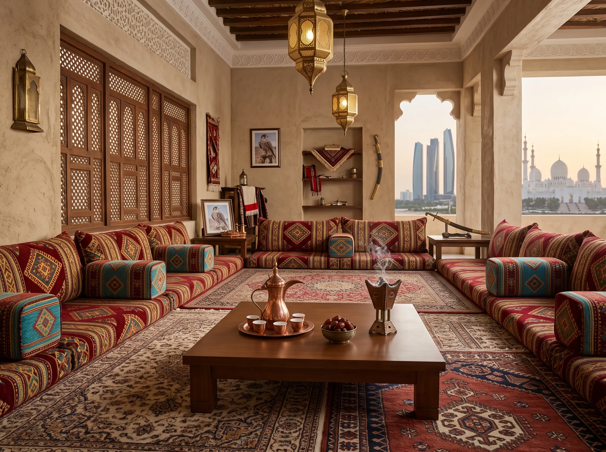 Elegant traditional Arabic Majlis furniture setup in a spacious UAE living room, featuring low floor cushions, geometric patterns, and classic styling.