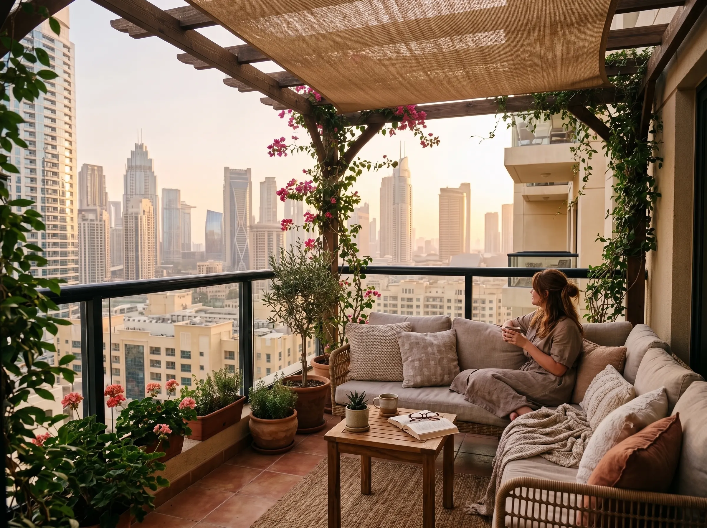 Balcony furniture that survives Dubai heat on a shaded apartment terrace