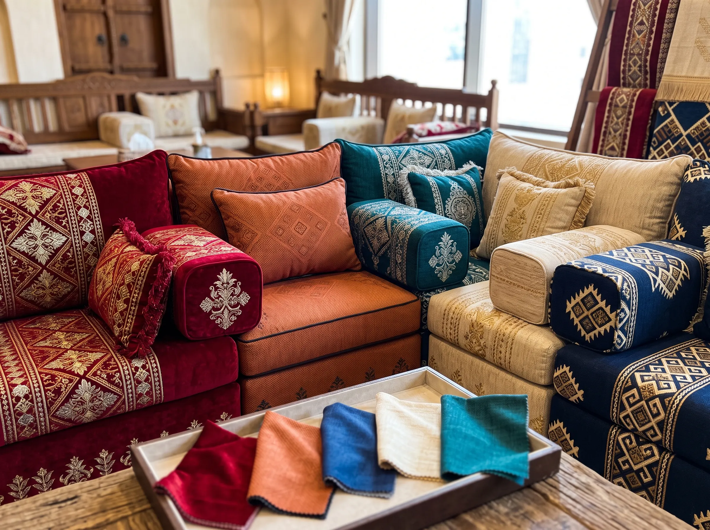 Close-up of traditional UAE Majlis furniture showing the intricate patterns, rich fabric textures, and vibrant colors of the cushions and upholstery.