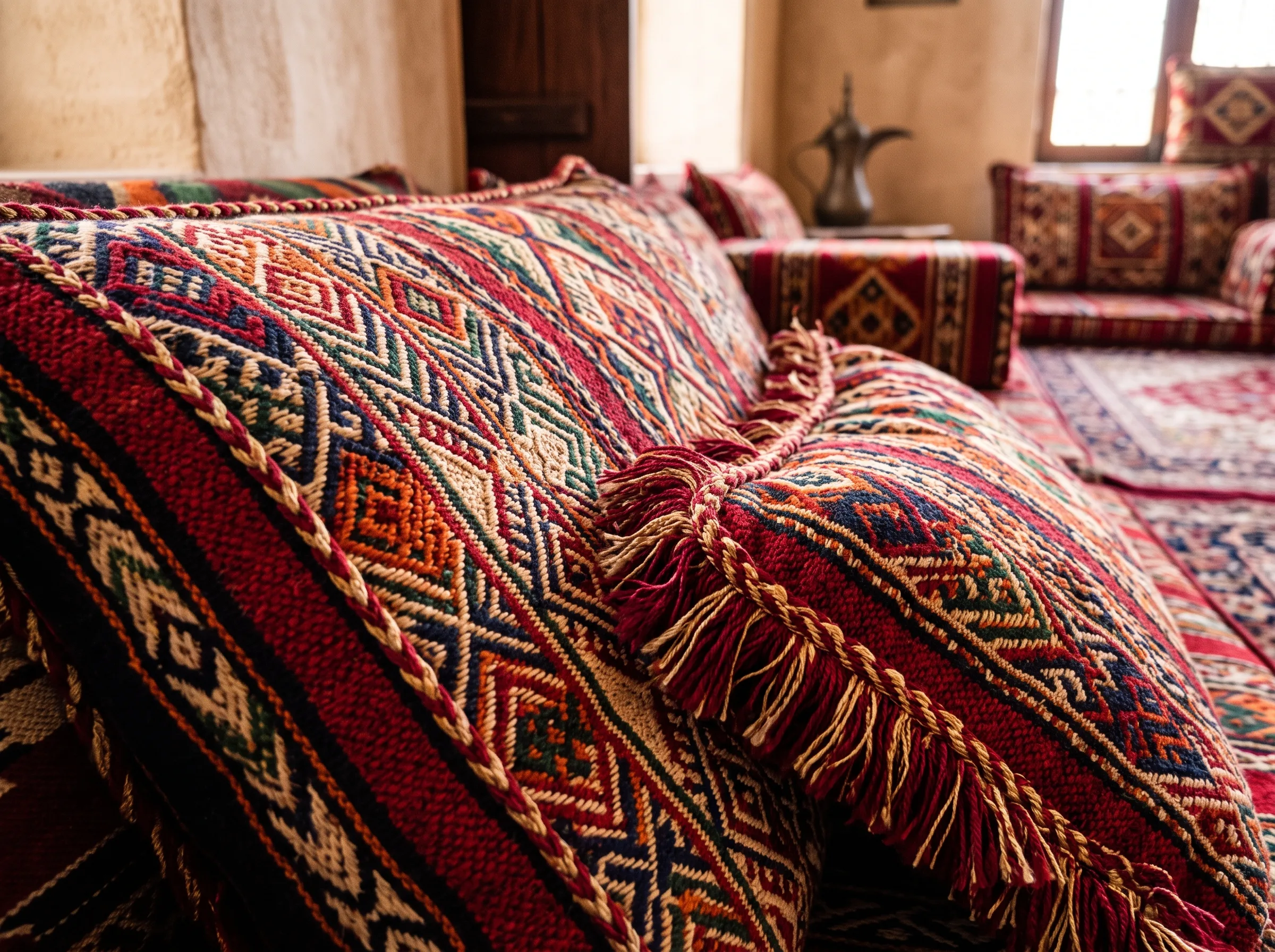 Detailed close-up of a luxury Arabic Majlis seating arrangement in the UAE, showcasing the craftsmanship of the cushions and low-seating design.