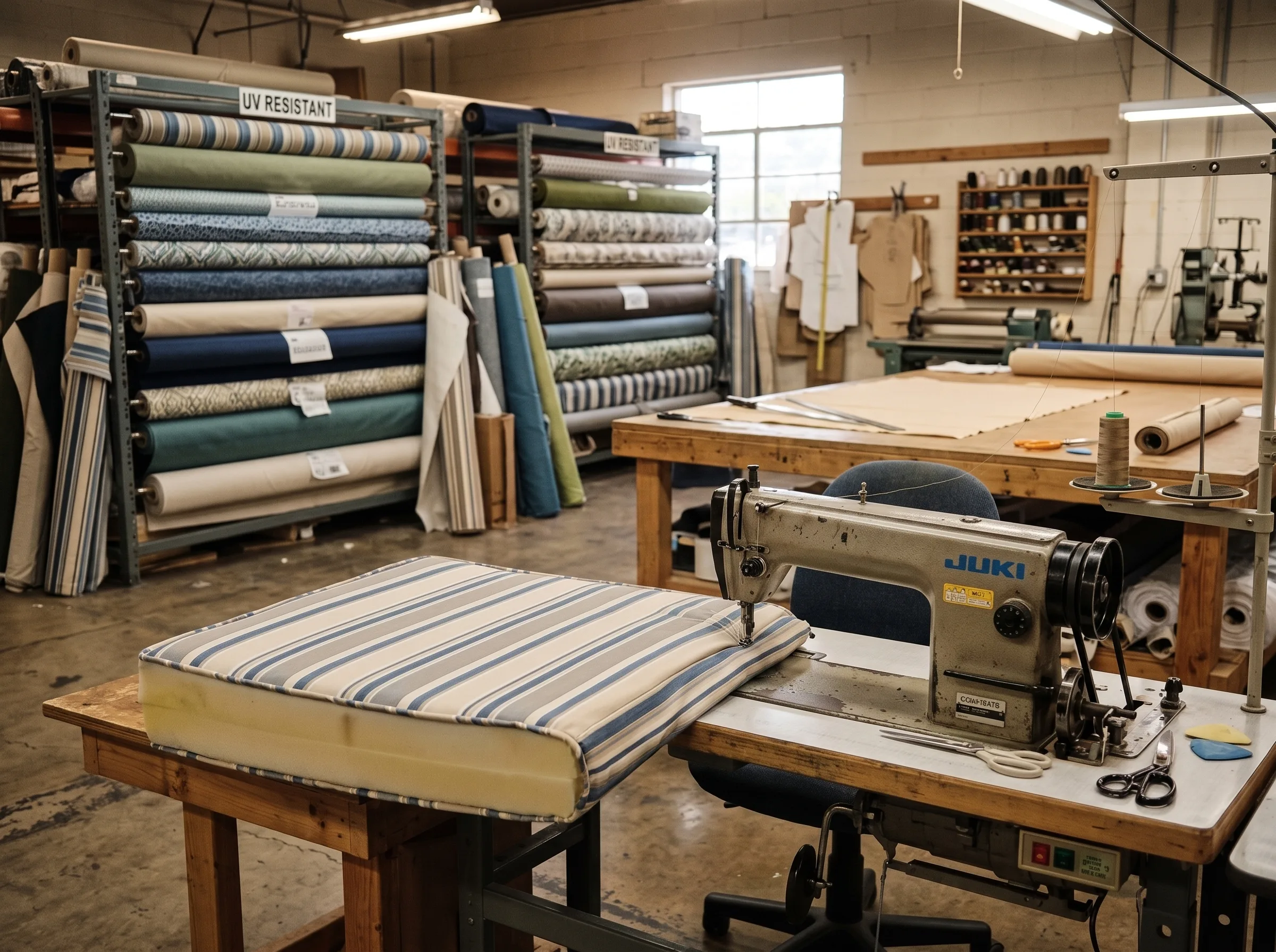 Custom outdoor fabric cushions being made for UAE balcony furniture