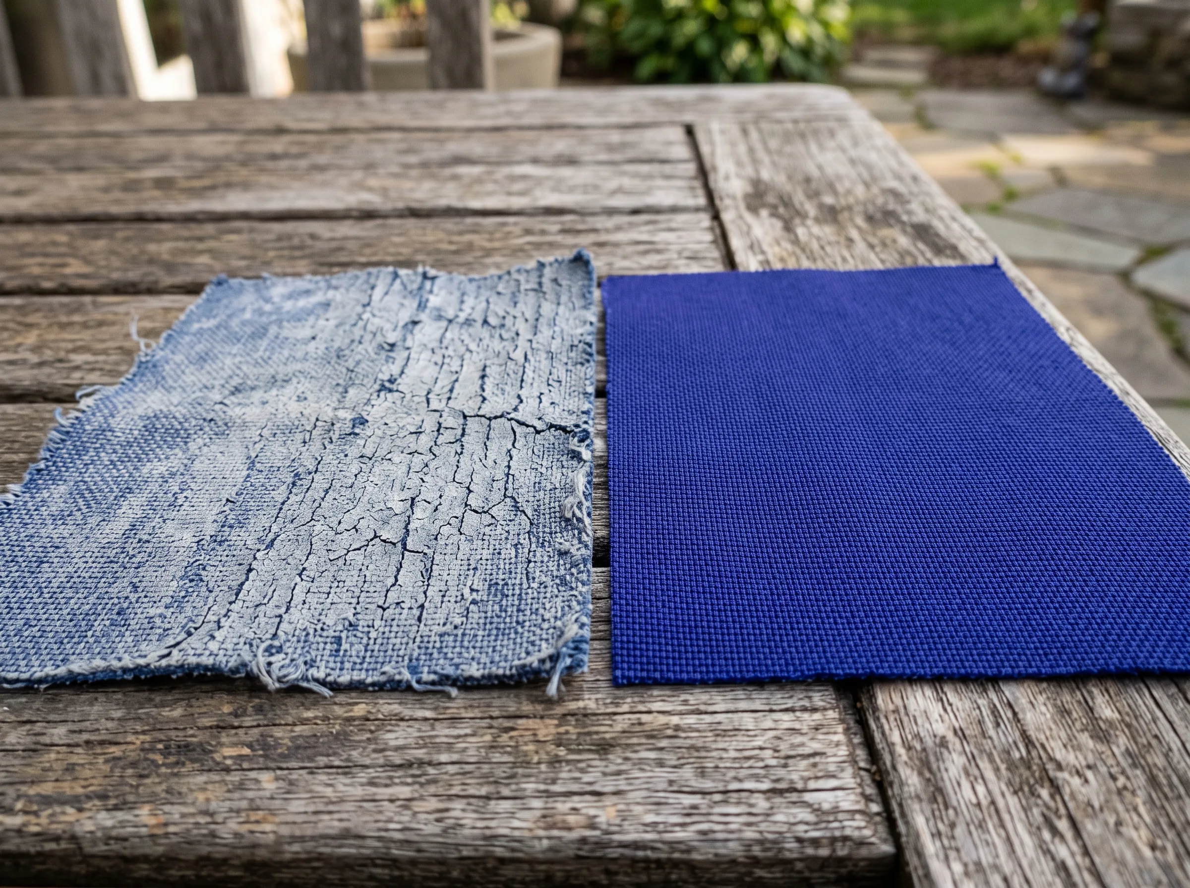 Comparison of sun damaged outdoor fabric versus UV resistant fabric in UAE conditions