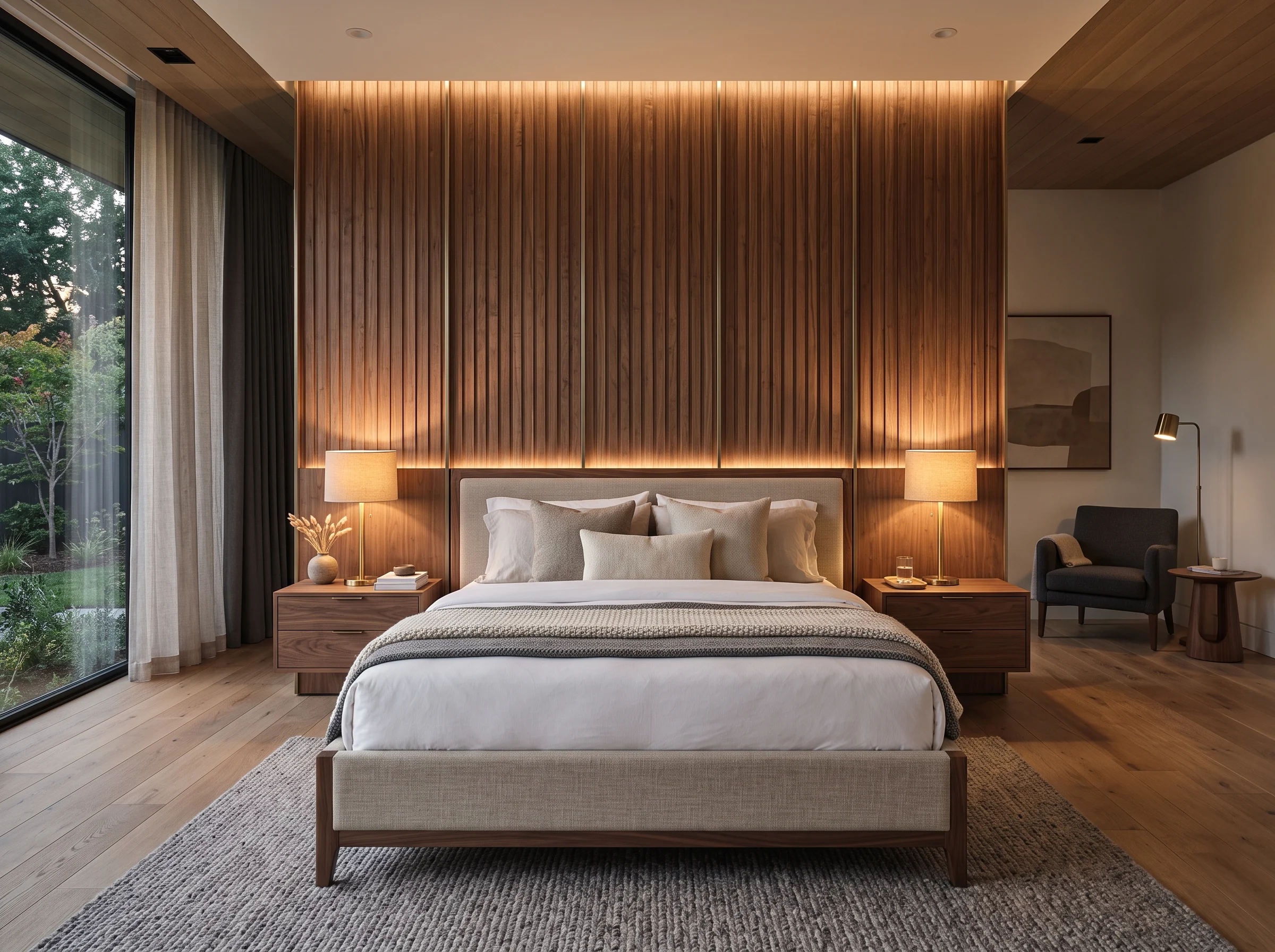 Custom wall panel headboard bed in a modern Dubai apartment bedroom.