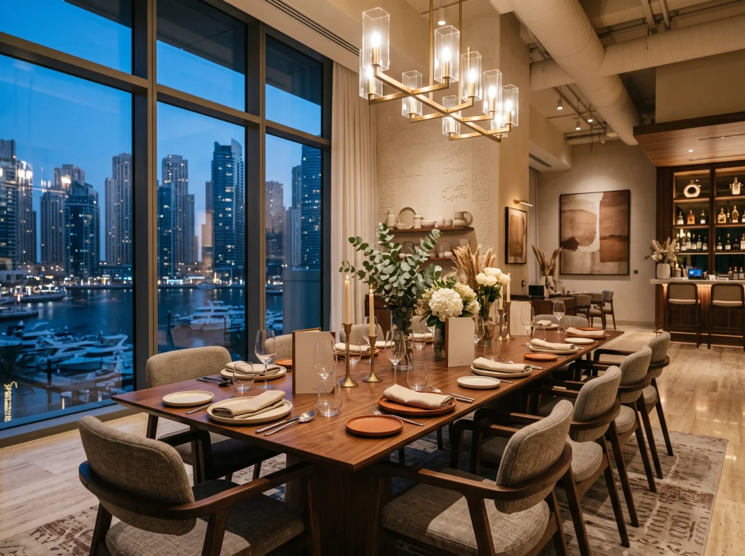 modern dining area dubai UAE with lightening and attractive view