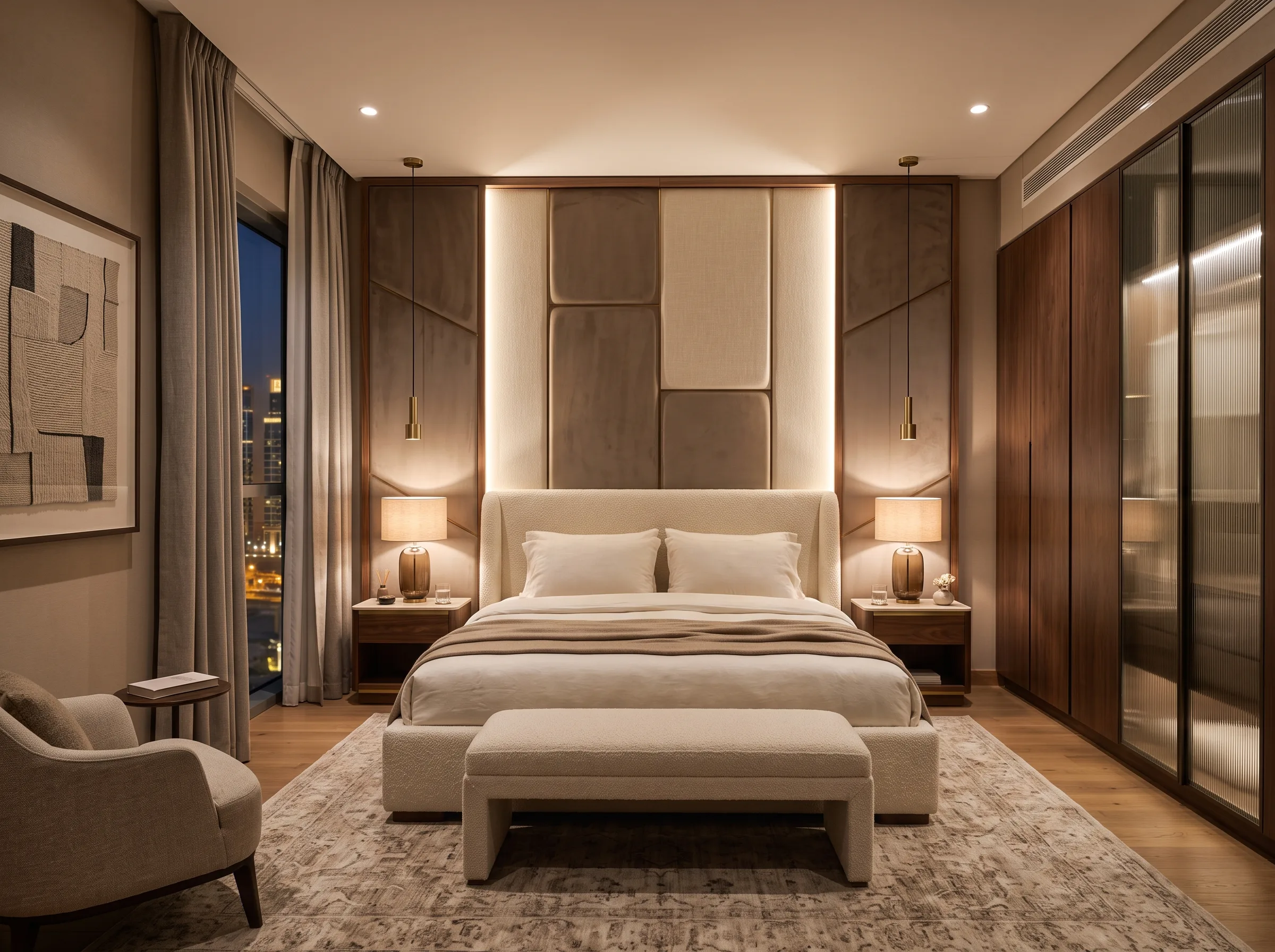 Custom bed and wall panel headboard in a Dubai bedroom
