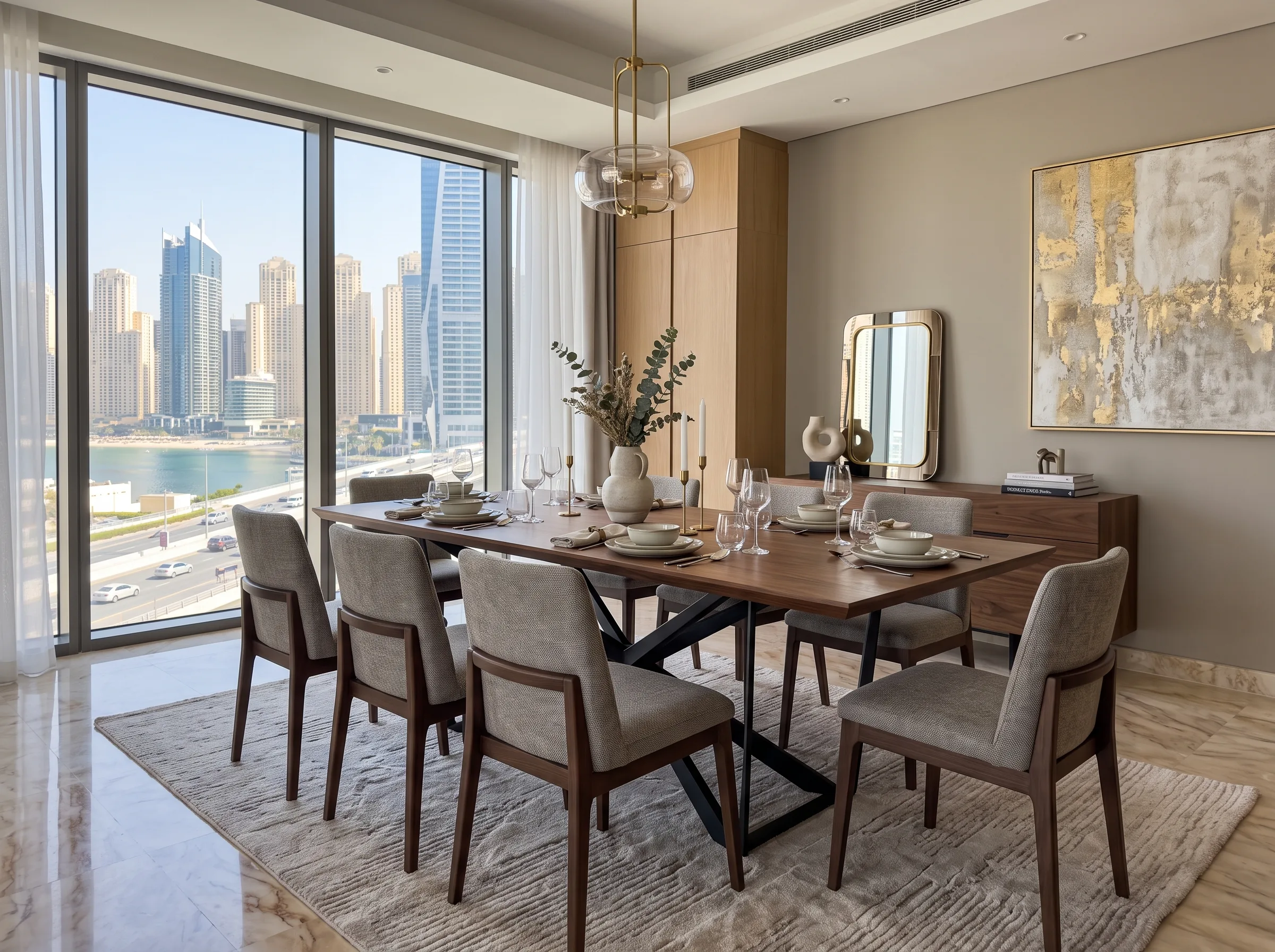 Custom dining table and chairs in a modern Dubai home