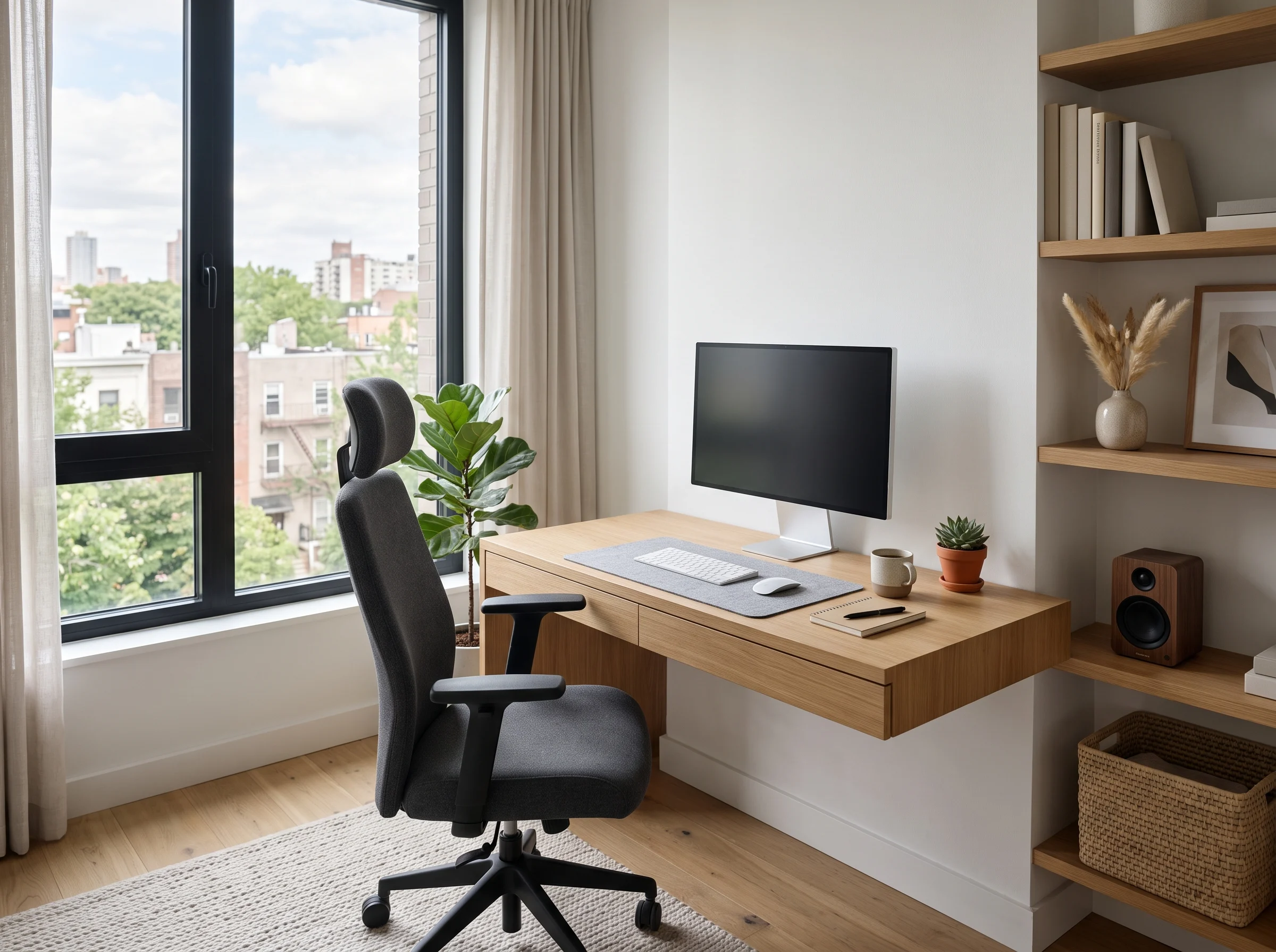 Custom study desk designed for a Dubai apartment home office.