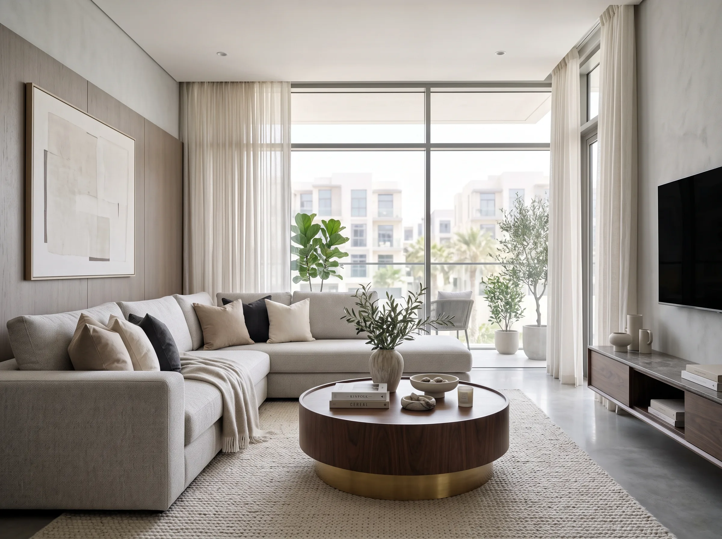 Modern living room with a custom sofa in a Dubai apartment.