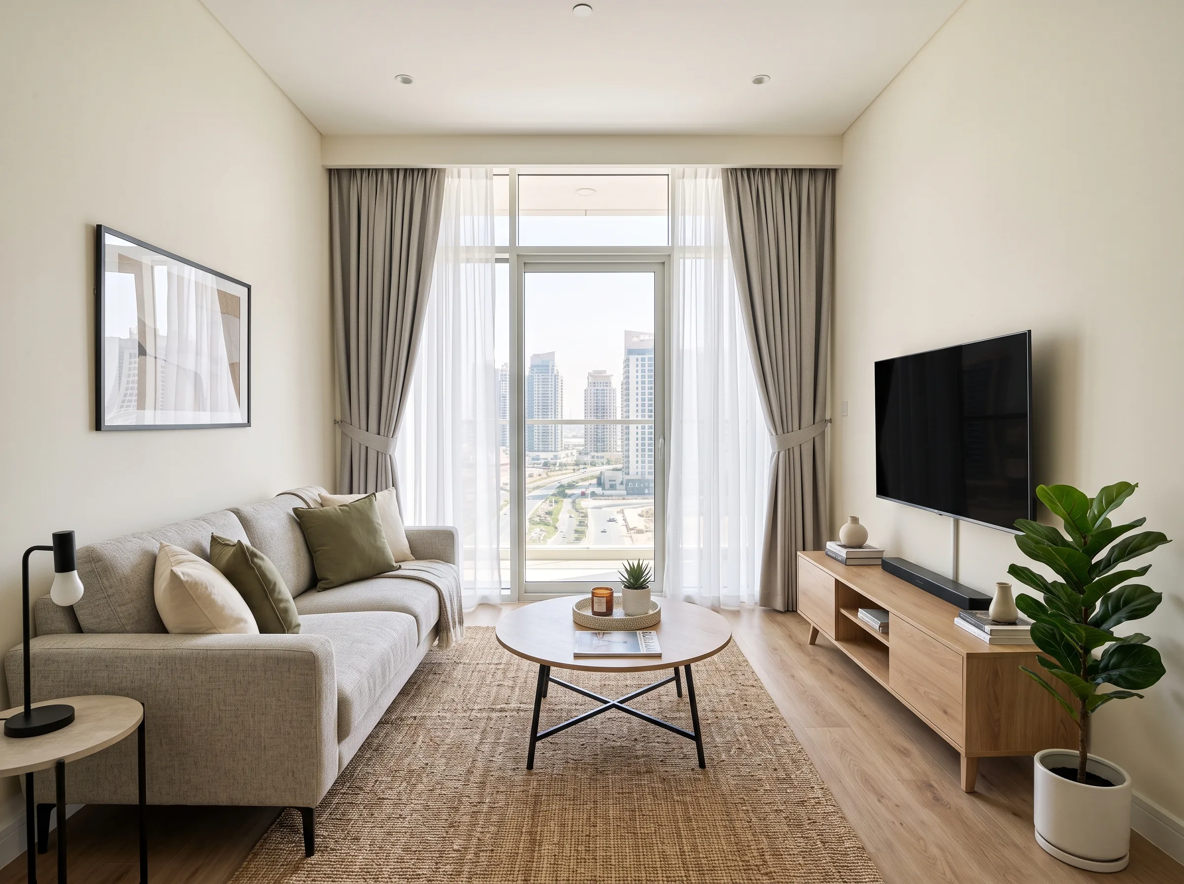 Modern furniture setup for a Dubai rental flat