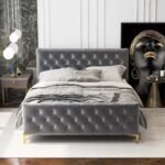 Alaysia Stitched Button Tufted Velvet Fabric Bed