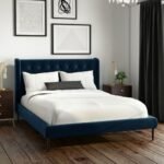 Dream Daze Navy Velvet Small Double Bed Frame With Winged Headboard