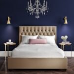 Serenity Sleep Beige Velvet Small Double Ottoman Bed With Chesterfield Headboard