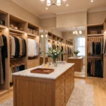 Luxury walk-in wardrobe interior with island unit, full-height mirrors and organised hanging sections