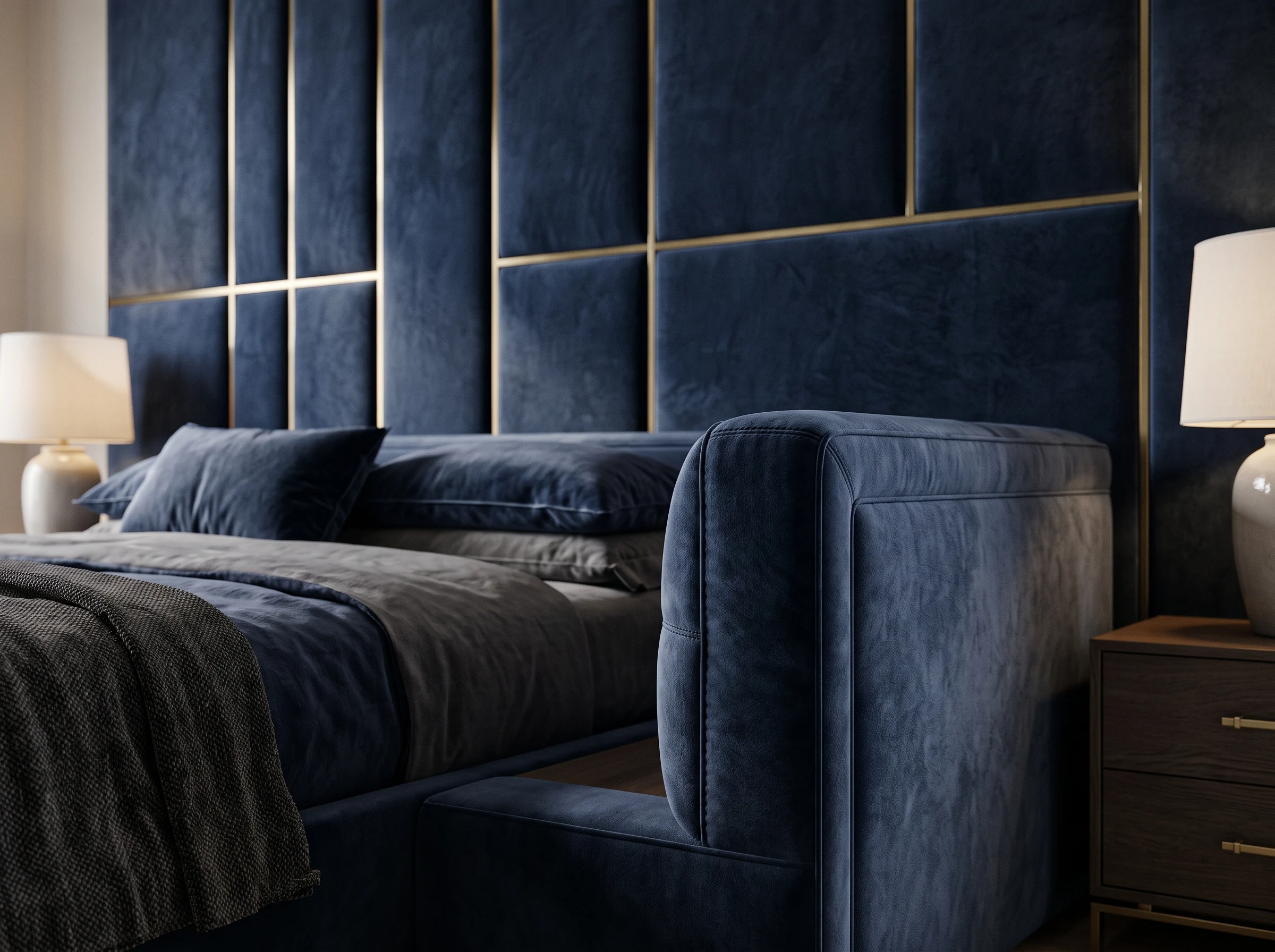 upholstered bed UAE custom in navy fabric