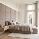 wall panel headboard bed Dubai in taupe upholstery