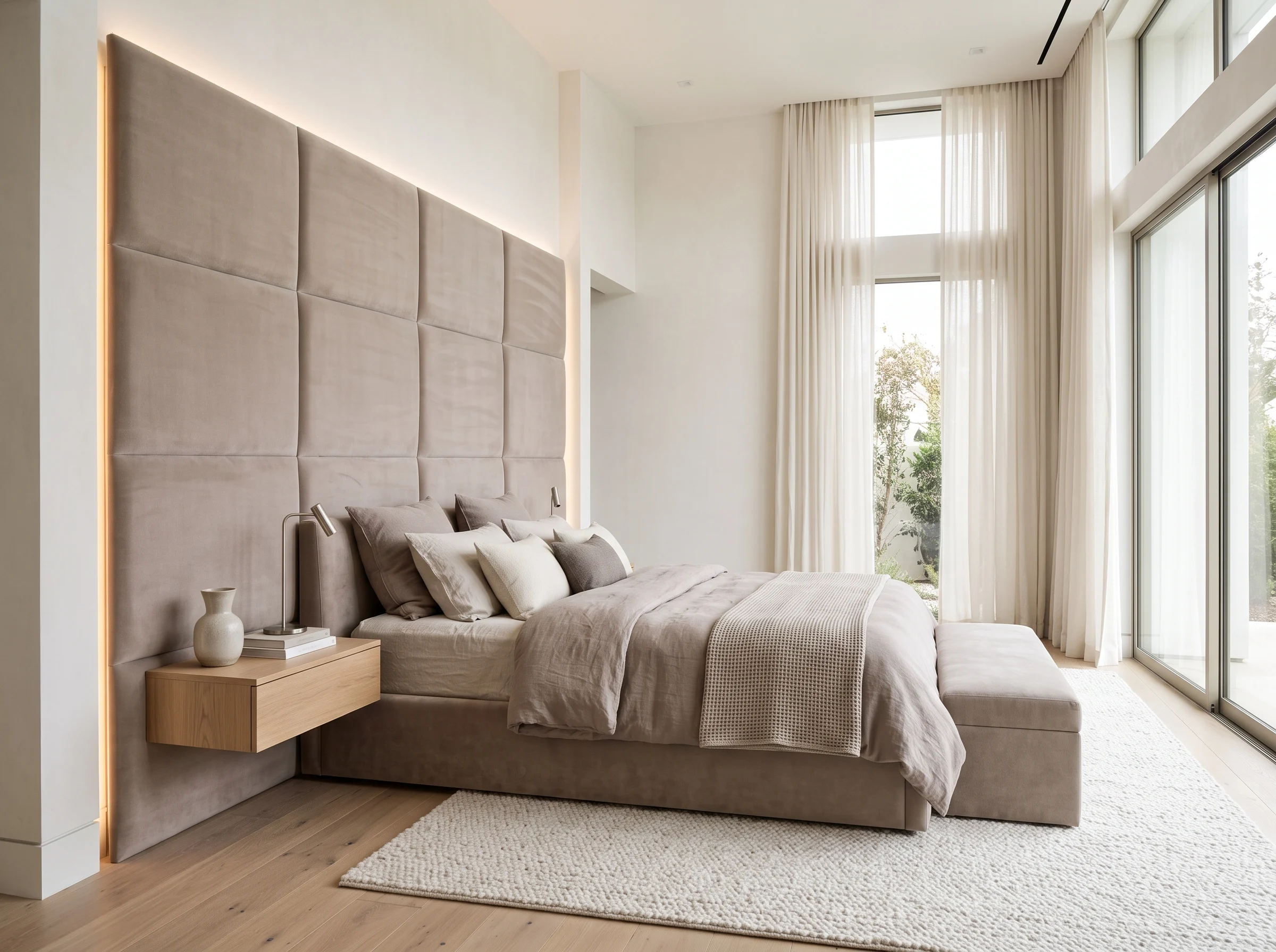wall panel headboard bed Dubai in taupe upholstery